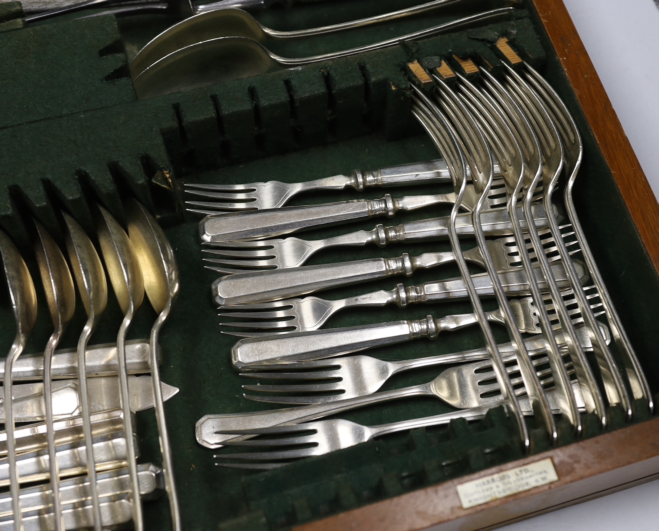 A part canteen of Elizabeth II silver cutlery for six by Gee & Holmes, comprising six each of the following, fish knives and forks, table and dessert forks, soup spoons, silver handled table and dessert knives, together